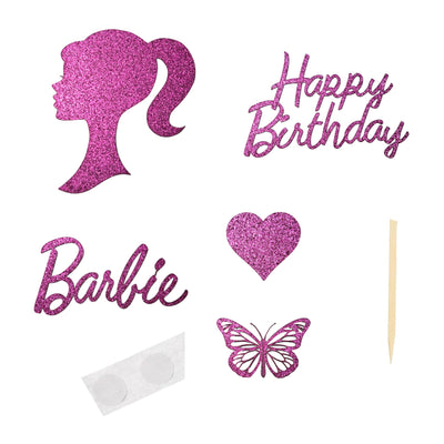 Princess Happy Birthday Cake Toppers Set - Pink Glitter Card Decorations with Head, Girls Happy Birthday Sign, Bamboo Stick, and More - Made in the UK - 9-Piece Bundle for a Magical Celebration