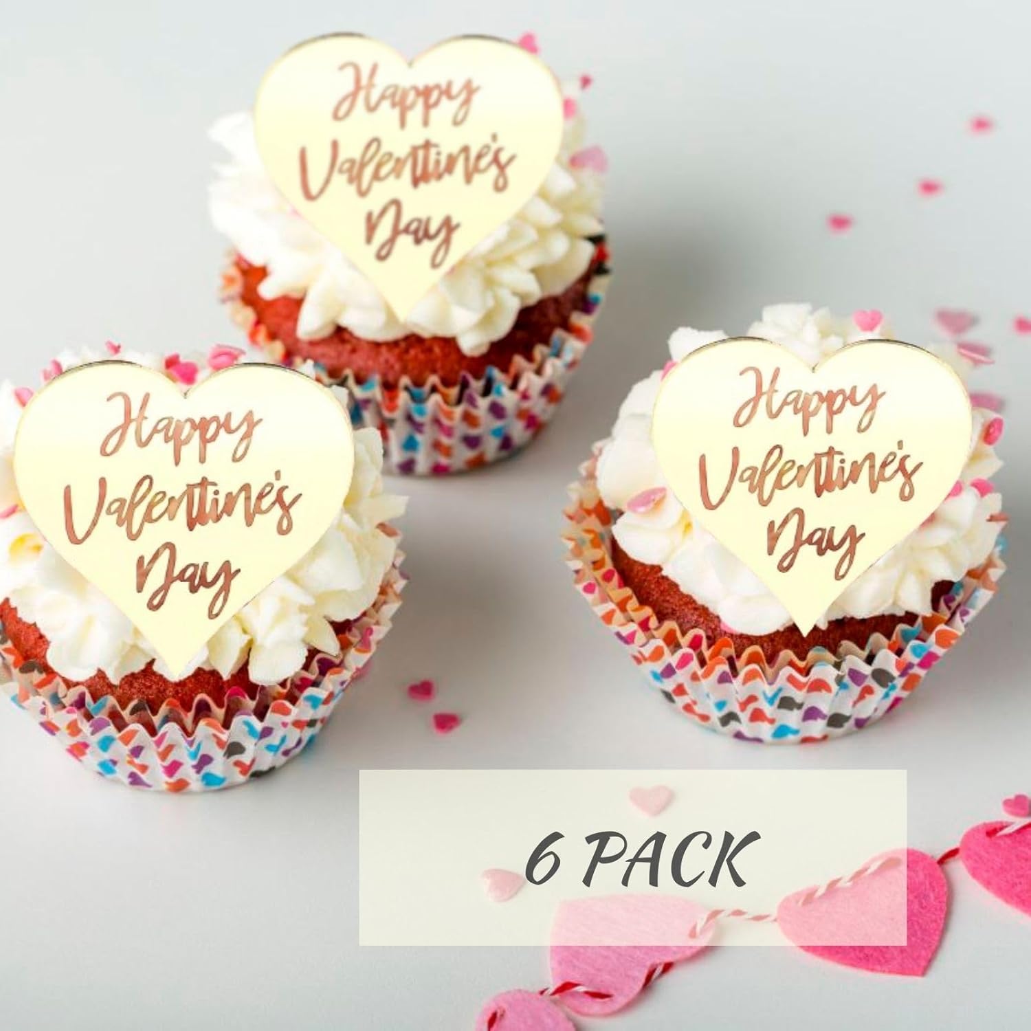 6x Valentine's Day Acrylic Cupcake Toppers Heart shaped Valentines toppers Love Valentine Toppers