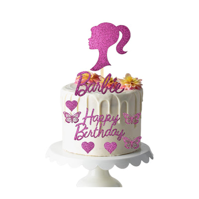 Princess Happy Birthday Cake Toppers Set - Pink Glitter Card Decorations with Head, Girls Happy Birthday Sign, Bamboo Stick, and More - Made in the UK - 9-Piece Bundle for a Magical Celebration